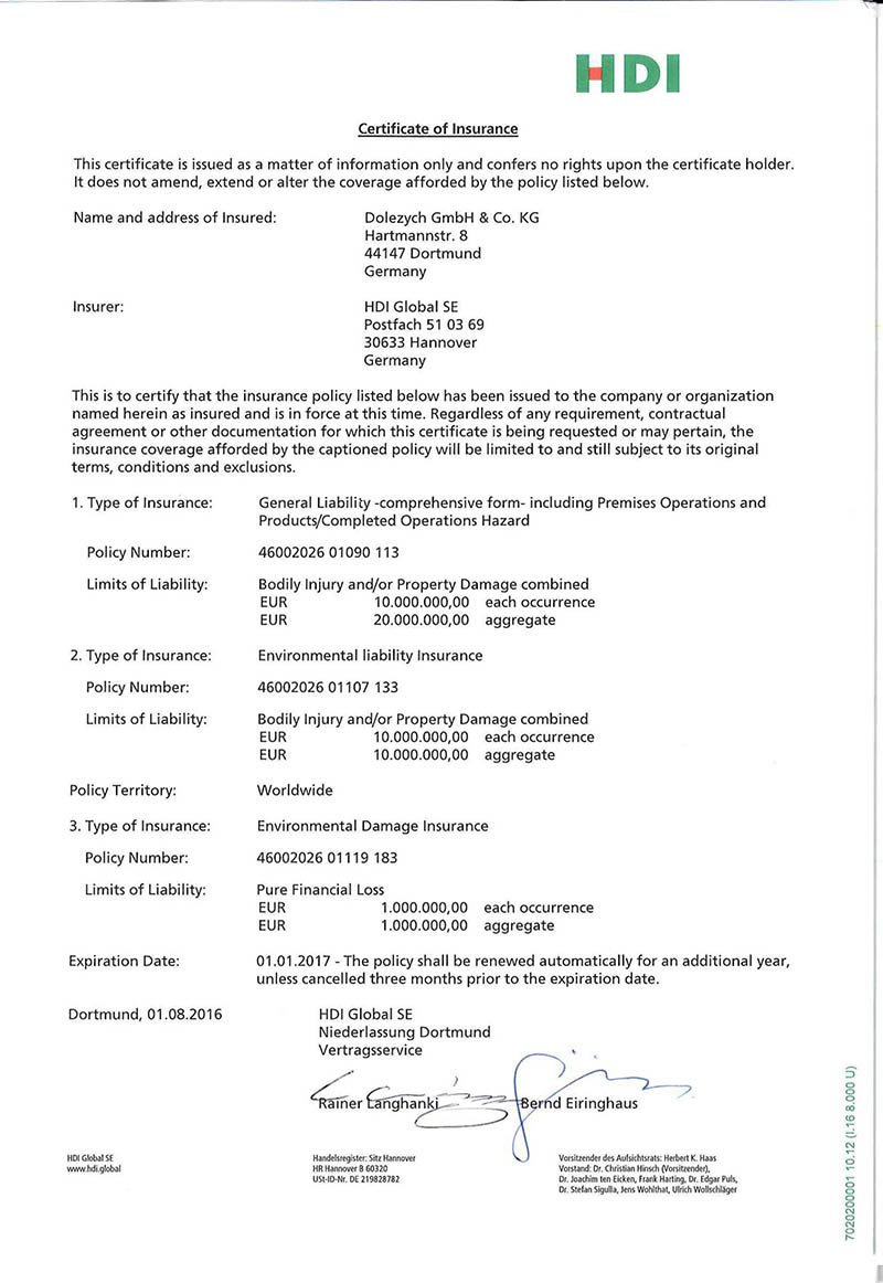 多來勁吊具德國HDI公司產(chǎn)品責任險